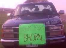 Diane Wilson's car parked outside the Dow plant in Sea Drift